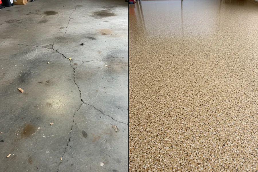 Cracked bare garage slab beside a finished tan flake epoxy floor coating