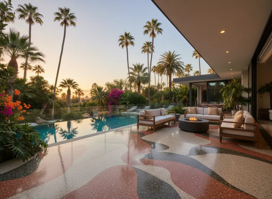 Pool deck and patio finished with a decorative marbled coating