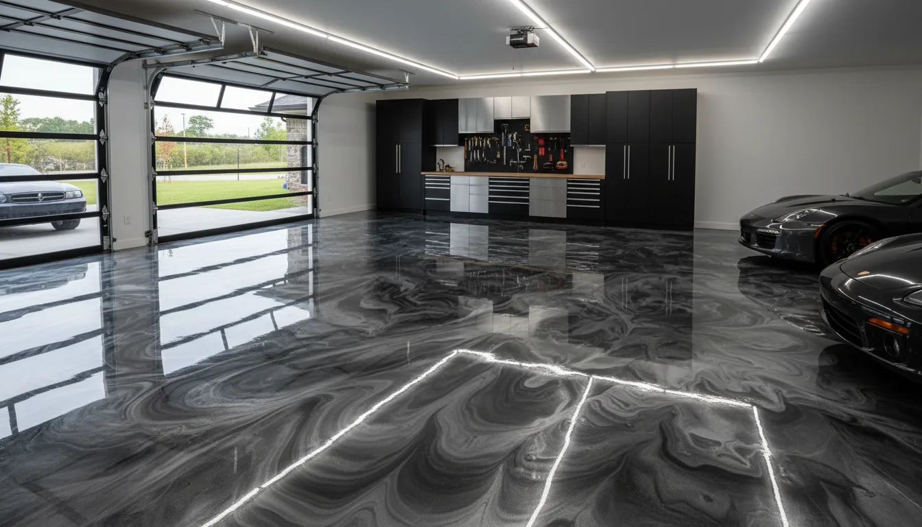 Glossy coated concrete floor with a flake finish