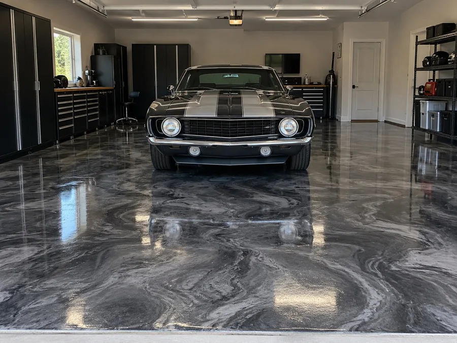 Gray metallic epoxy garage floor under a muscle car