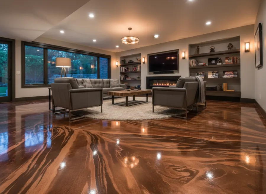 Epoxy-coated interior floor in a bright Florida living space