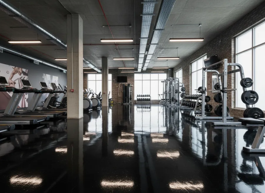 High-gloss coated concrete floor in an industrial building