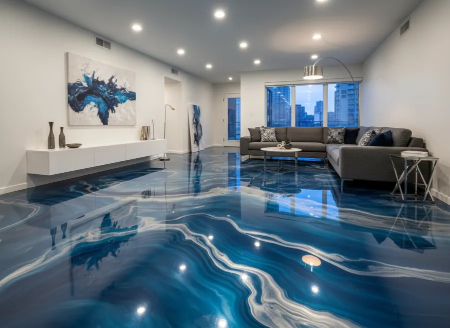 Metallic epoxy floor with swirled finish